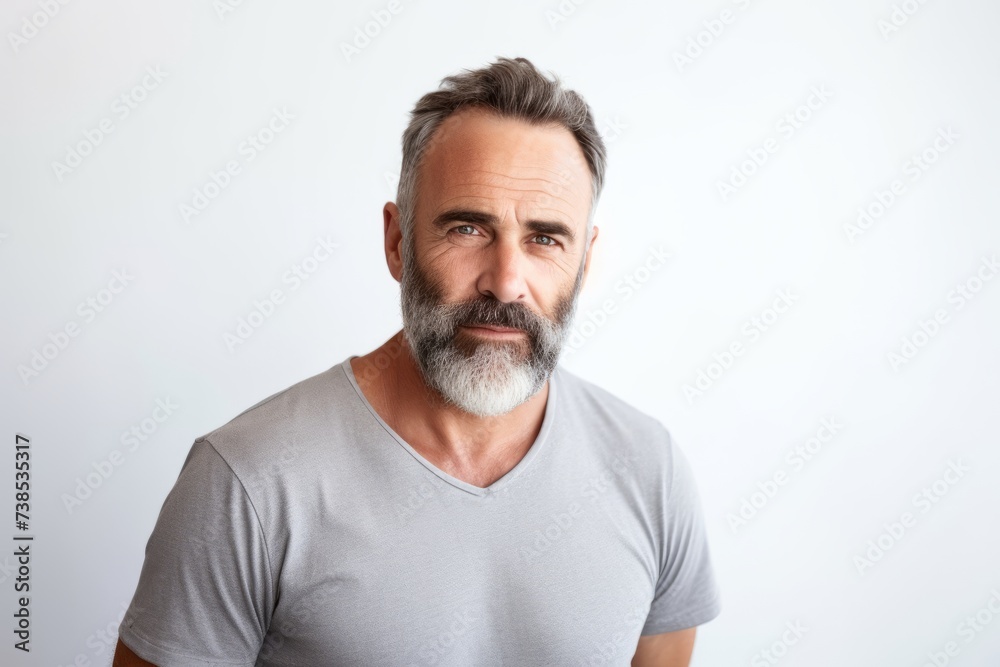 Portrait of handsome mature man with grey beard looking at camera while standing against grey background