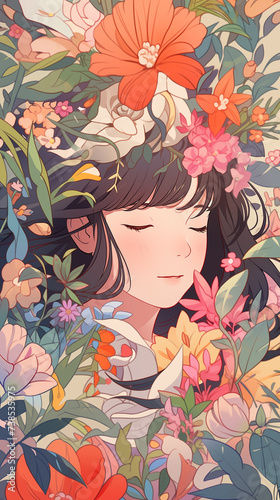 Hand drawn cartoon illustration of beautiful and cute girl among beautiful spring flowers 