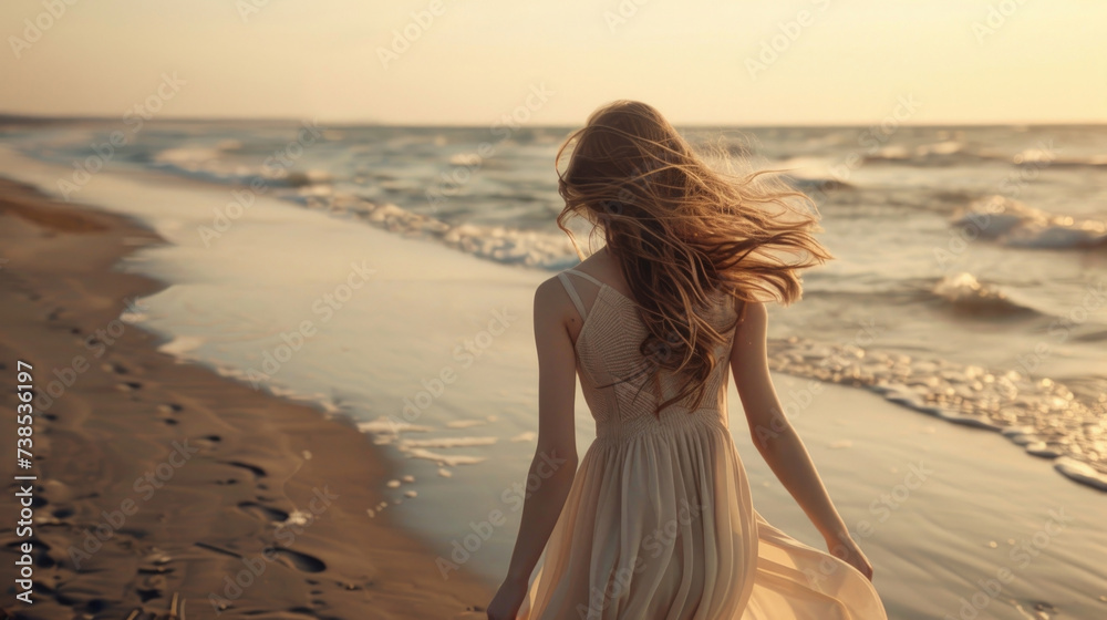A young beautiful girl in a dress walks along the beach. The concept of quiet luxury. A young beautiful girl in a dress walks along the beach. The concept of quiet luxury.