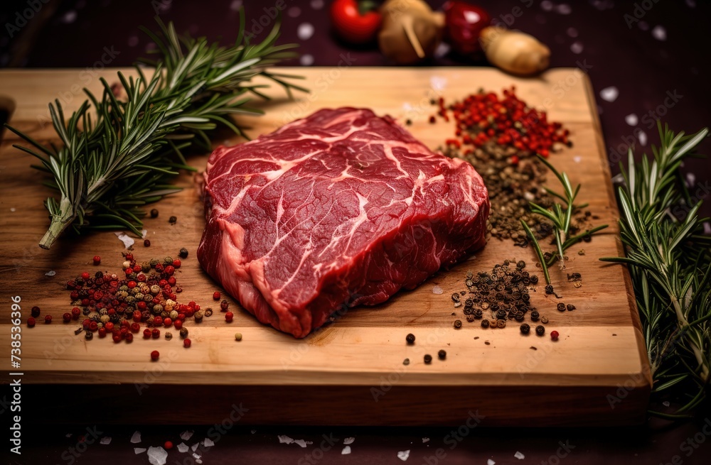 Slices of beef on a fresh red table, processed grilled meat and so there is empty space for text, greetings, wallpaper, posters, advertisements, etc.