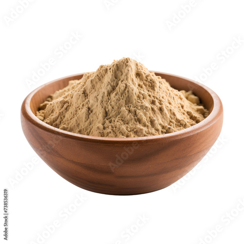 Finely dry powder in brown bowl isolated on white background