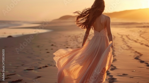 A young beautiful girl in a dress walks along the beach. The concept of quiet luxury.
