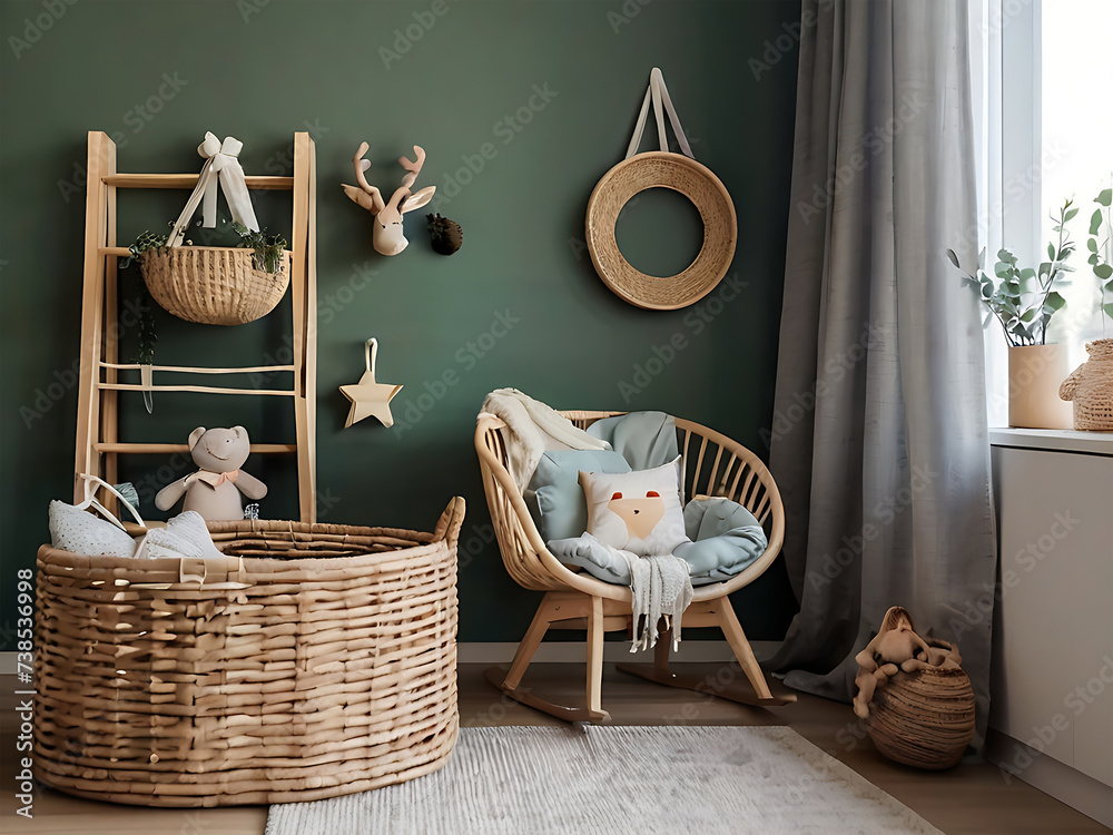 Obraz premium Stylish scandinavian newborn baby room with wooden cabinet, toys, children's chair, natural basket Modern interior with eucalyptus background walls. Generative Ai