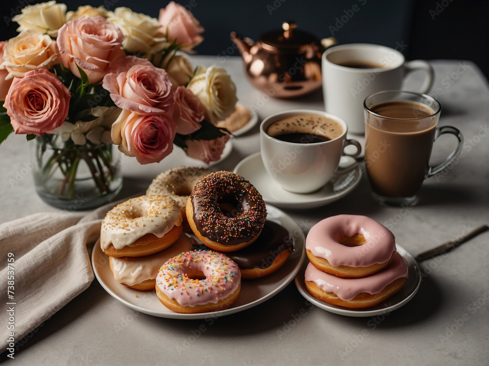 Steaming cup of coffee with a donut perfect for a delicious morning breakfast Steaming cup of coffee with a donut perfect for a delicious morning breakfast