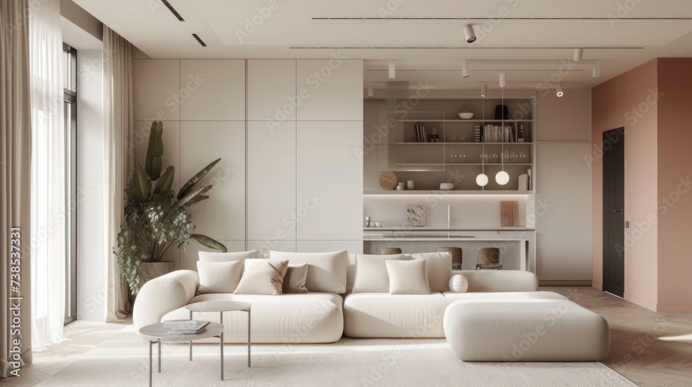 Interior design of a spacious, bright apartment in a modern style and warm pastel white and beige colors. Quiet luxury concept