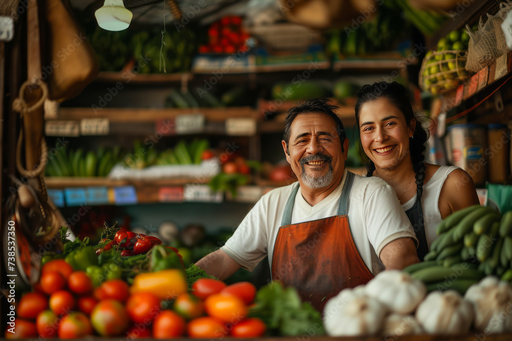 Two joyful market vendors stand behind a vibrant display of fresh produce, sharing a smile in a bustling marketplace. Two joyful market vendors stand behind a vibrant display of fresh produce, sharing a smile in a bustling marketplace.