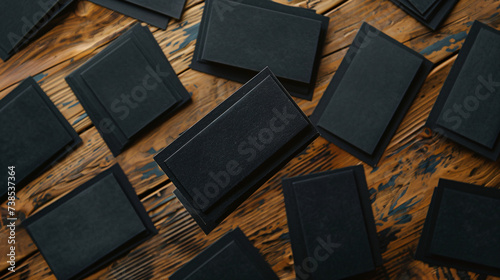 Blank black business cards on a wooden table.