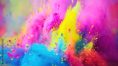 Captivating image of a vibrant powder explosion, featuring a lively dance of colors in motion, perfect for festive and creative concepts. Vivid Colorful Powder Explosion in Motion