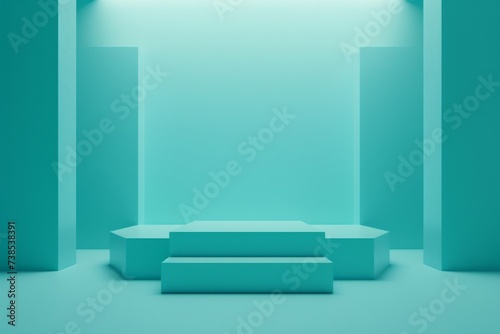 A flat, empty blue object with limited shading is presented in minimalist stage designs, accentuated by turquoise hues in tabletop photography.