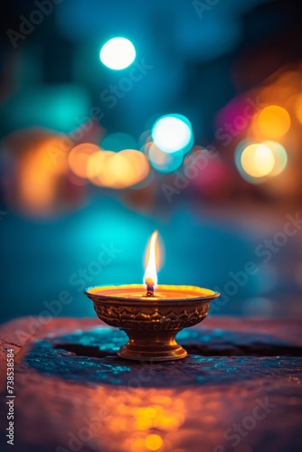 A candle, standing on a stone in a dark street, is set against a blurred background, embodying the intersection of art and architecture in light teal and light gold hues