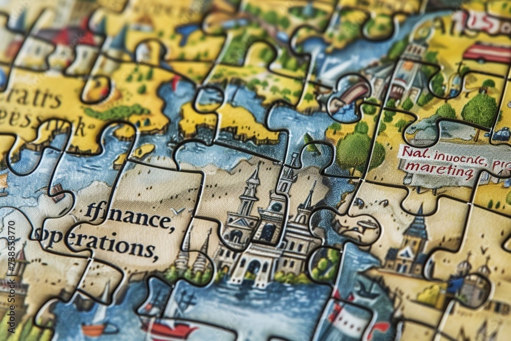 Naklejka premium : A puzzle with interlocking pieces labeled 