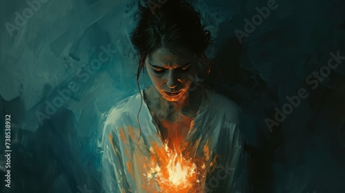 A figure in white with a flame is presented, showcasing translucent immersion in dark cyan and orange hues, trapped emotions, and a photorealistic pastiche. photo