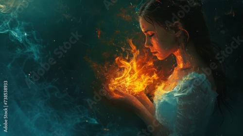 A figure in white with a flame is presented, showcasing translucent immersion in dark cyan and orange hues, trapped emotions, and a photorealistic pastiche. photo