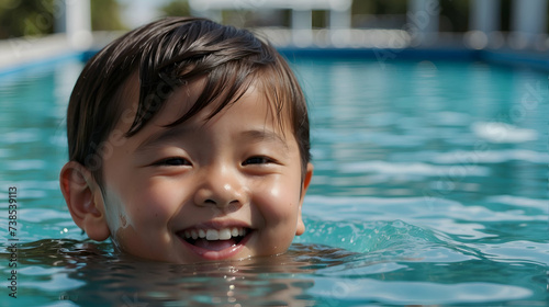 Cute little korean boy smiling in the pool on a sunny day. Cute baby boy with pool having fun. Summer vacation concept