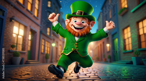 Cute funny Cartoon leprechaun dancing, jumping outside. St. Patrick's Day

 photo