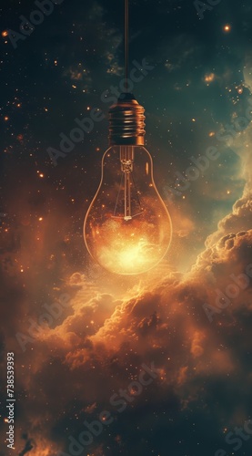 A light bulb is floating in a night sky, showcasing whimsical and imaginative aesthetics with glimmering light effects in dark gold and light amber hues.