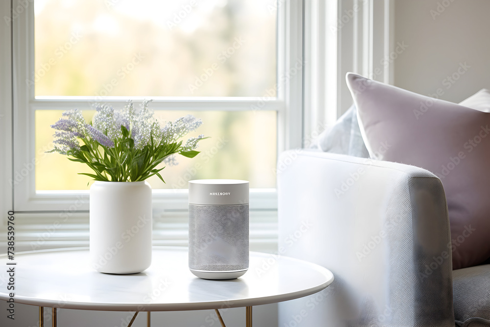 Modern air humidifier on table in living room, interior design concept Modern air humidifier on table in living room, interior design concept
