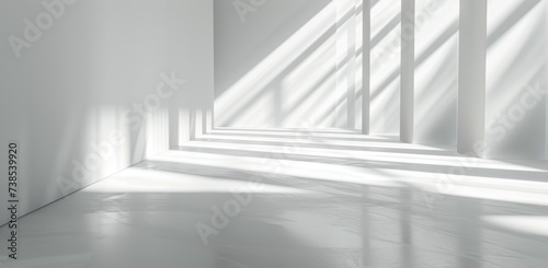 An abstract white light reflection against a white background, featuring naturalistic shadows, striped compositions, god rays, and minimalistic metal sculptures.