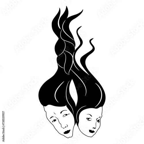 Heads of a man and a woman with their hair braided together. Lovers symbol. Black and white silhouette.
