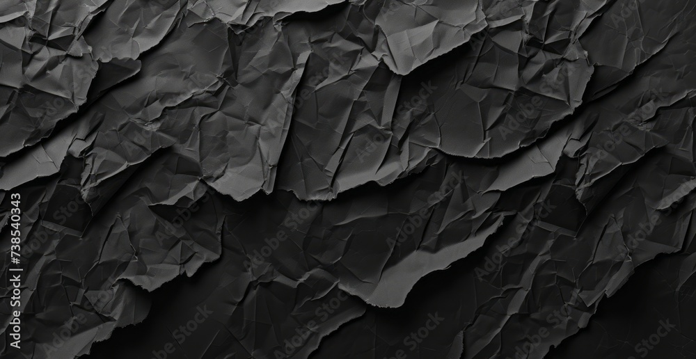 A black seamless texture paper with textured backgrounds is presented, featuring creased, crinkled, and wrinkled aesthetics, dark tonalities, a matte photo, and accurate and detailed elements.