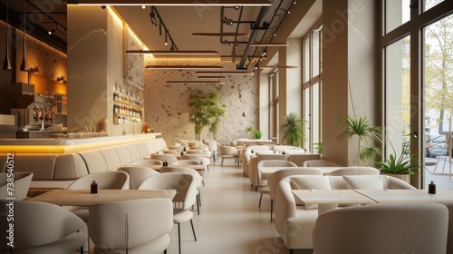 Restaurant interior design in a modern style in warm pastel white and beige colors. silent luxury concept photo