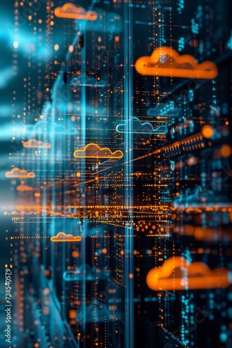 Cloud computing technology is discussed, focusing on data center, data storage, and data, in dark sky-blue and light orange hues.