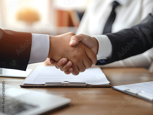 Two people in business attire are shaking hands over a clipboard. The background is blurred,.