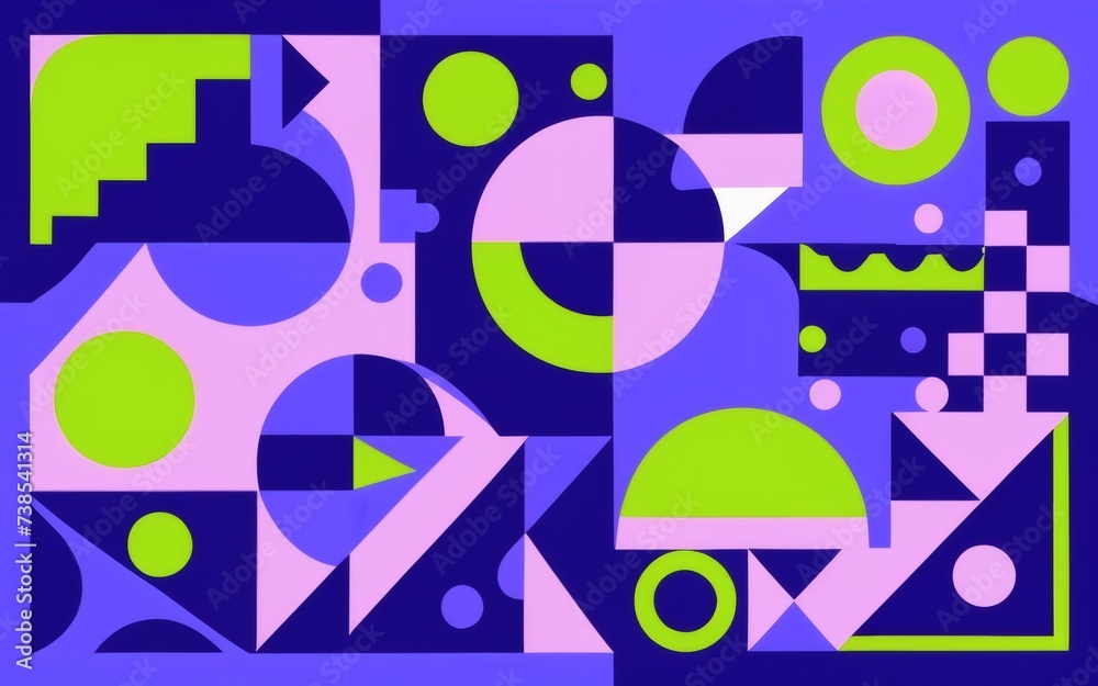 1990s aesthetic image featuring dynamic abstract shapes and a color scheme influenced by the vibrant hues of blue, purple, and lime green. 
