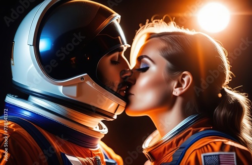 Kiss of an astronaut and his girlfriend. Illuminated by sunlight orange light. Cosmonautics Day. first manned flight into space. photo