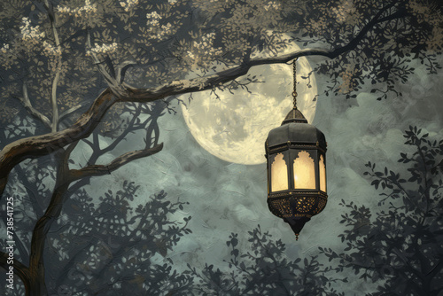 A Ramadan lantern over the moon and trees  featuring photorealistic cityscapes in gray and black hues  monumental ensembles  and Indian scenes.