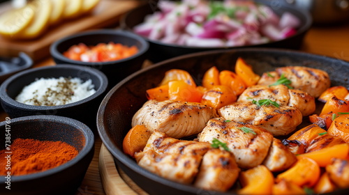 Grilled chicken breasts and bell peppers served in a pan, surrounded by various cooking ingredients.