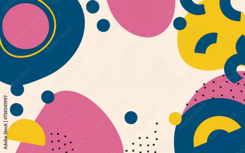 1990s backdrop with bold abstract shapes and a color palette characterized by lively tones of pink, yellow, and blue. 