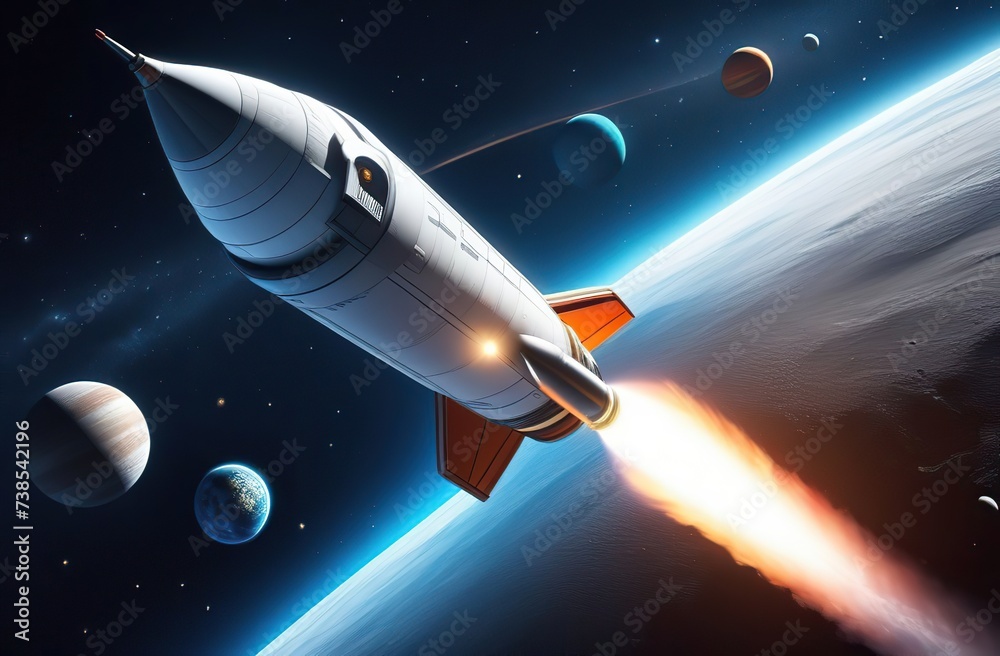 fantastic 3D illustration of a rocket flying in dark space among stars and planets. Intergalactic travel. Cartoon spaceship. Cosmonautics Day. first manned flight into space. fantastic 3D illustration of a rocket flying in dark space among stars and planets. Intergalactic travel. Cartoon spaceship. Cosmonautics Day. first manned flight into space.