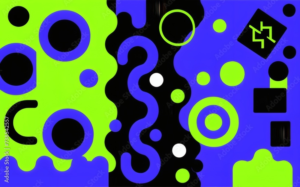 1990s scene with dynamic abstract shapes, capturing the essence of the decade in vibrant tones of blue, purple, and lime green. 