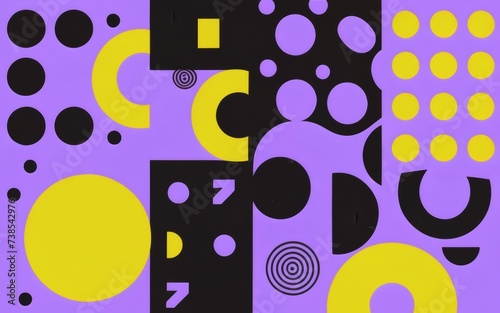 1990s scene with lively abstract shapes and a color scheme influenced by the vibrant tones of purple, lime green, and yellow. 
