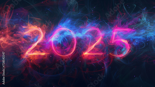 Happy New Year 2025, bright pink neon typography numbers design over dark blue background