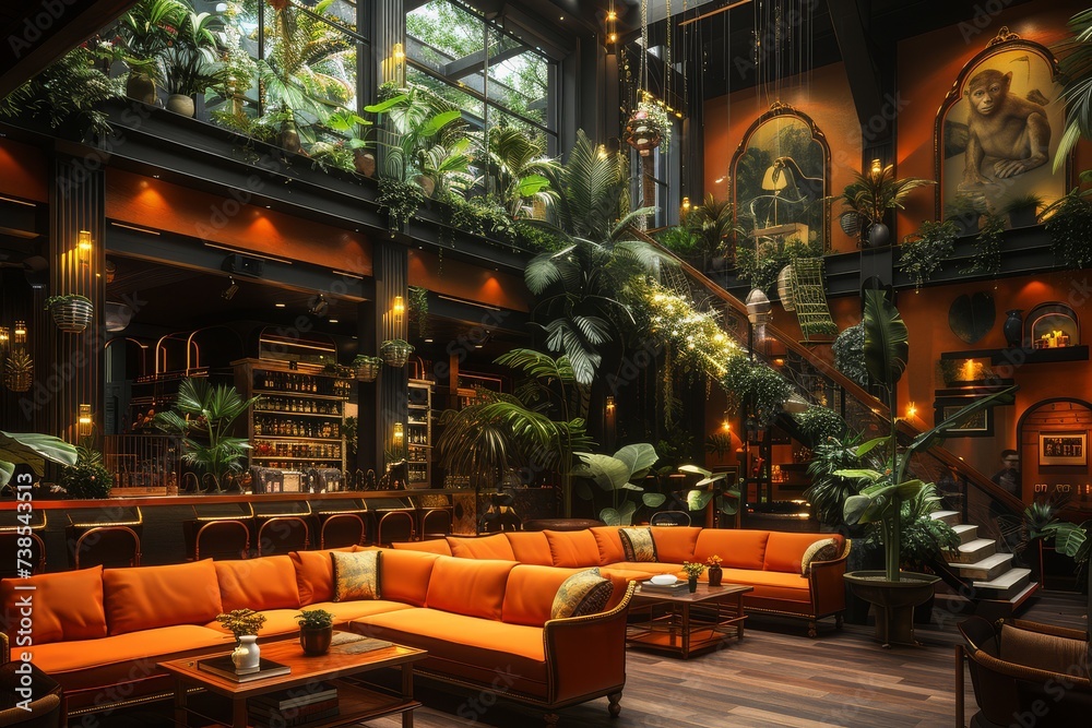 Elegant and lush botanical themed bar with chic decor.