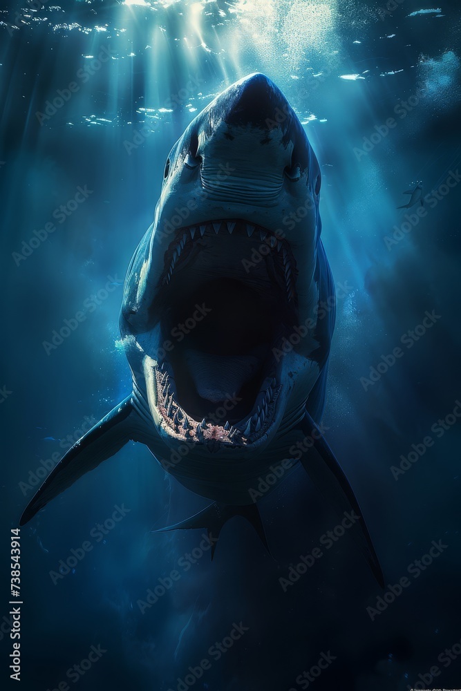 Realistic depiction of a great white shark swimming, jaws open