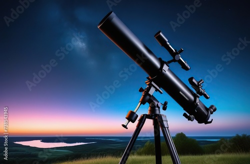 Telescope on the background of the night sky with stars and lake, Big astronomical telescope under a twilight sky ready for stargazing. Cosmonautics Day. first manned flight into space.