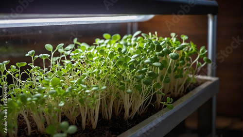 Fresh microgreens growing in pots under grow light, vegetarian food. generative AI