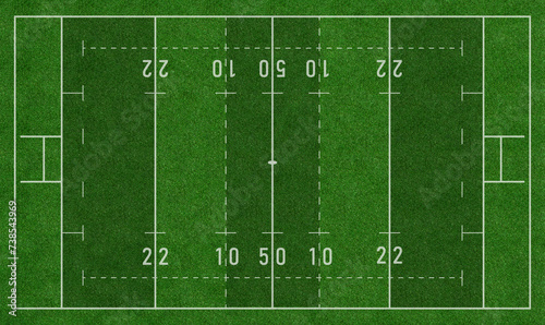 Green Rugby Field or Rugby Union Football Field Top View with Realistic Grass Texture and Mowing Pattern, Realistic Rugger Rugby Football Pitch