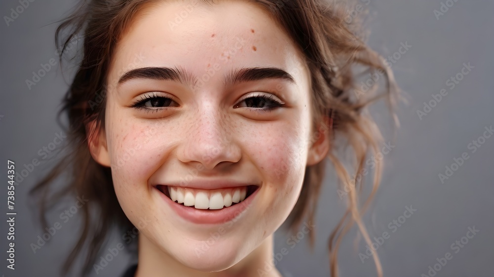 National Acne Positivity Day. Portrait of confident happy smiling Woman Acne Skin. Closeup of girl With Hormonal Acne Pimples skin National Acne Positivity Day. Portrait of confident happy smiling Woman Acne Skin. Closeup of girl With Hormonal Acne Pimples skin