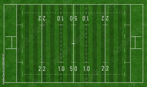 Green Rugby Field or Rugby Union Football Field Top View with Realistic Grass Texture and Mowing Pattern, Realistic Rugger Rugby Football Pitch photo