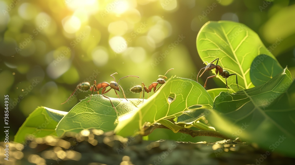 Team of ants collaborating and communicating on a green leaf in their natural habitat. - obrazy, fototapety, plakaty 