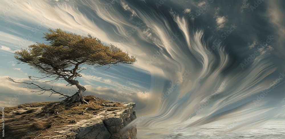 A curved tree on a cliff with a dynamic sky. The concept of the power of nature. - obrazy, fototapety, plakaty 