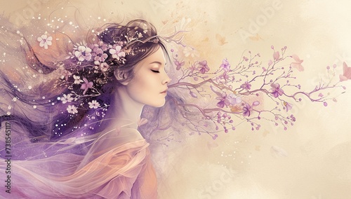 Abstract portrait of a girl with flowers and butterflies. The concept of beauty and nature.