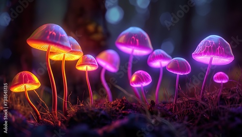 Mushrooms with bioluminescence in a dark forest. The concept of magic and the unknown.