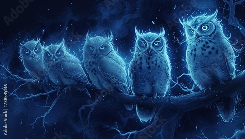 Owls on a branch in blue tones. The concept of a mystical and mysterious night.