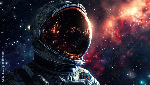 Astronaut with the reflection of the starry sky in the visor. The concept of cosmic infinity. photo