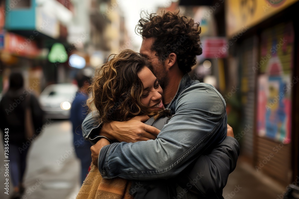 Intimate couple hugging on a bustling urban street with soft focus background. Intimate couple hugging on a bustling urban street with soft focus background.